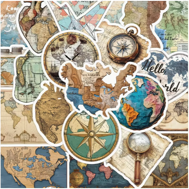 50 autocollants carte du monde vintage à coller carnetd e voyage créatif 
