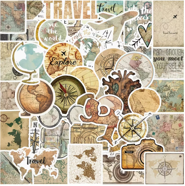 50 autocollants de voyage vintage pour décorer carnet et journaux de voyage 912 horizons
