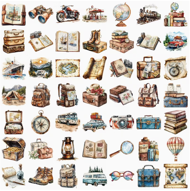 50 autocollants - voyage et exploration vintage à coller sur carnet de voyage créatif 