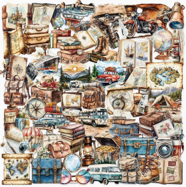 50 autocollants - voyage et exploration vintage pour carnet de voyage créatif 