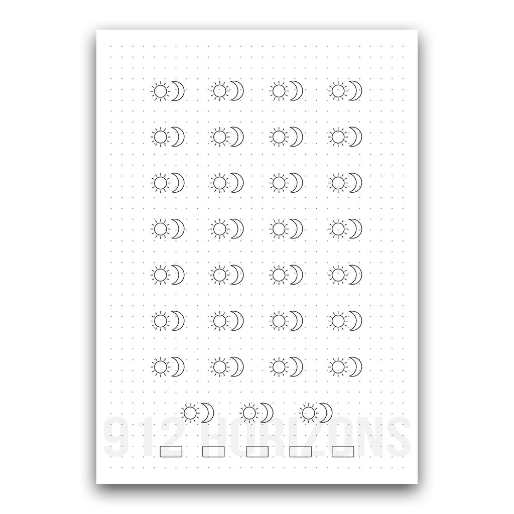 Page de mood tracker pour bullet journal et suivi de bien-être quotidien à télécharger lune et soleil